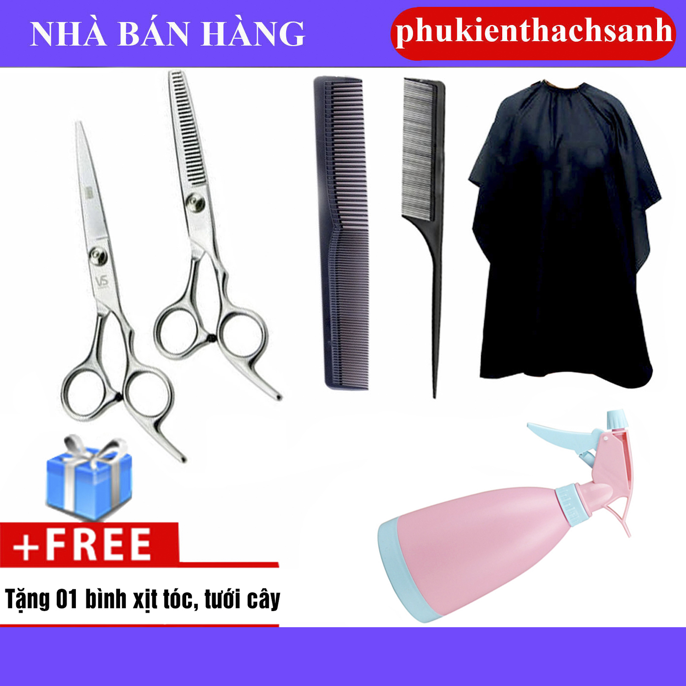 Kéo cắt tóc và tỉa tóc + 2 cây lược + Áo choàng cắt tóc + BÌNH PHUN SƯƠNG (MÀU NGẪU NHIÊN)