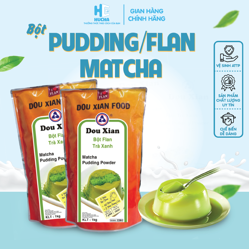Bột pudding flan matcha bịch 1kg, nguyên liệu hucha