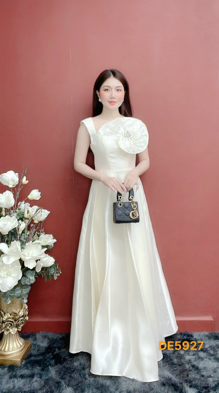 Đầm dạ hội de5927 trắng hoa cổ