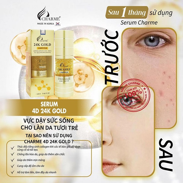 [HCM]Serum 4D Gold 24K Char.me - Dưỡng trắng, Ngăn ngừa lão hóa. Gương mặt sáng hồng rạng rỡ (25Ml)