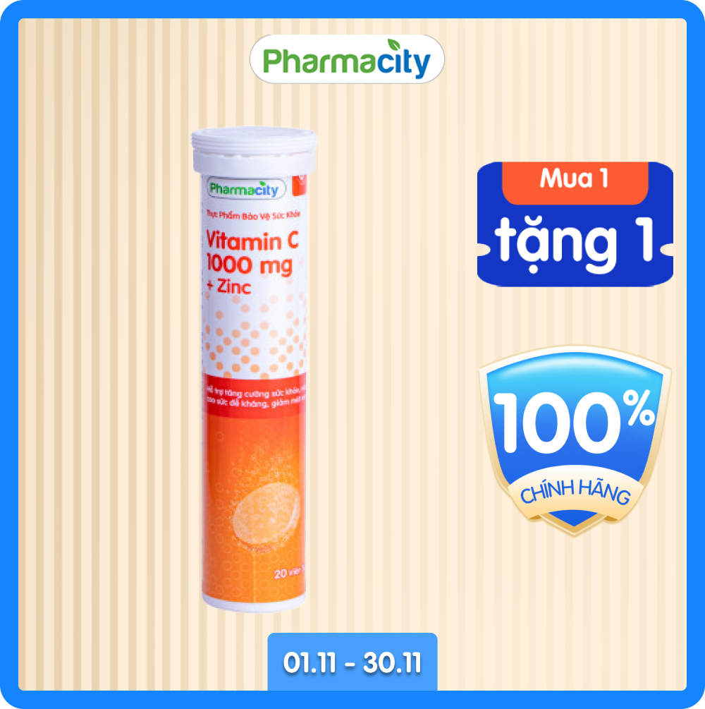 Thực phẩm Pharmacity bảo vệ sức khỏe Vitamin C 1000 mg + Zinc Tuýp 20 viên