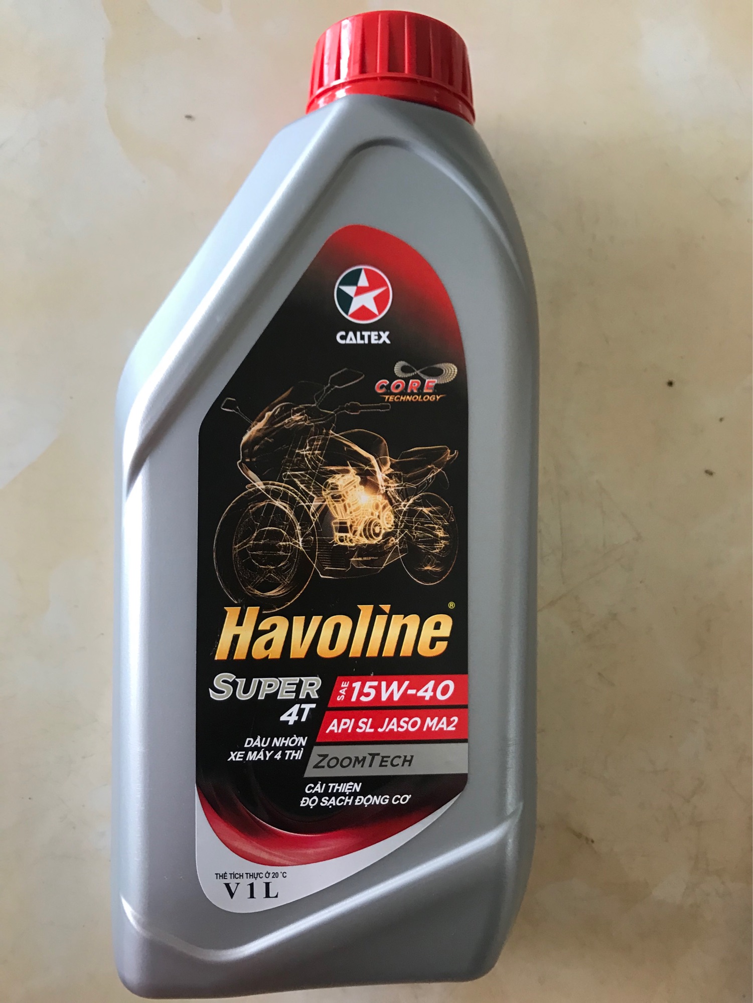 Dầu nhớt Caltex Havoline Super4T cho xe số 4 thì SAE 15W-40 API SL JASO MA2 Công nghệ ZoomTech Cải thiện độ sạch động cơ - V 1 lít
