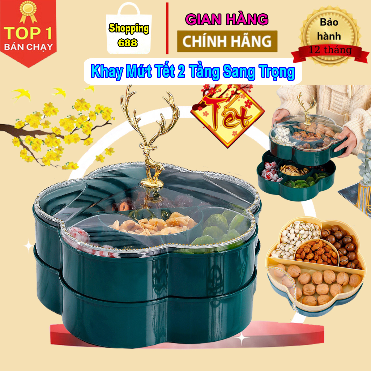 Khay đựng mứt tết cao cấp, tay cầm hình hươu sang trọng, hộp đựng bánh kẹo đa năng, chất liệu nhựa pvc an toàn, hộp đựng mứt tết 2 tầng, khay mứt tết, hộp mứt tết, hộp mứt 2 tầng, khay đựng mứt tết 2 tầng