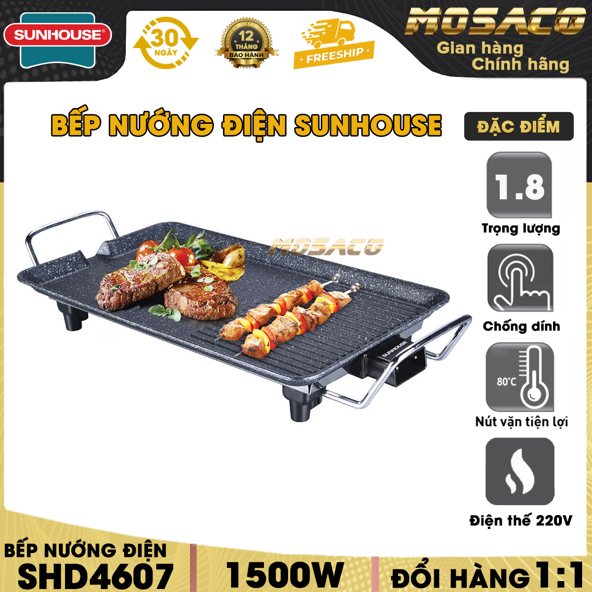 Bếp nướng điện SUNHOUSE SHD4607 công suất 1500 W. Bếp nướng bếp hiện đại, sử dụng điện năng để nấu thực phẩm, bề mặt bếp được phủ lớp chống dính đá hoa cương truyền nhiệt nhanh , giữ nhiệt lâu hơn - MOSACO GIA DỤNG