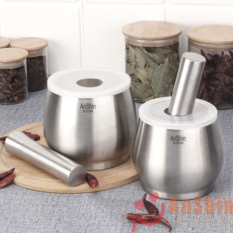 Bộ cối chày Inox 304 Anshin - size lớn dáng trống