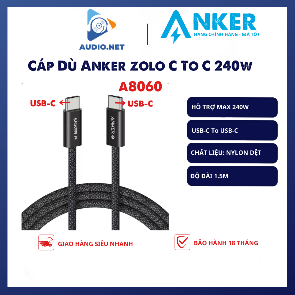 Cáp Sạc Anker Zolo Bọc Dù USB-C To USB-C 240w A8060 - Bảo Hành 18 Tháng