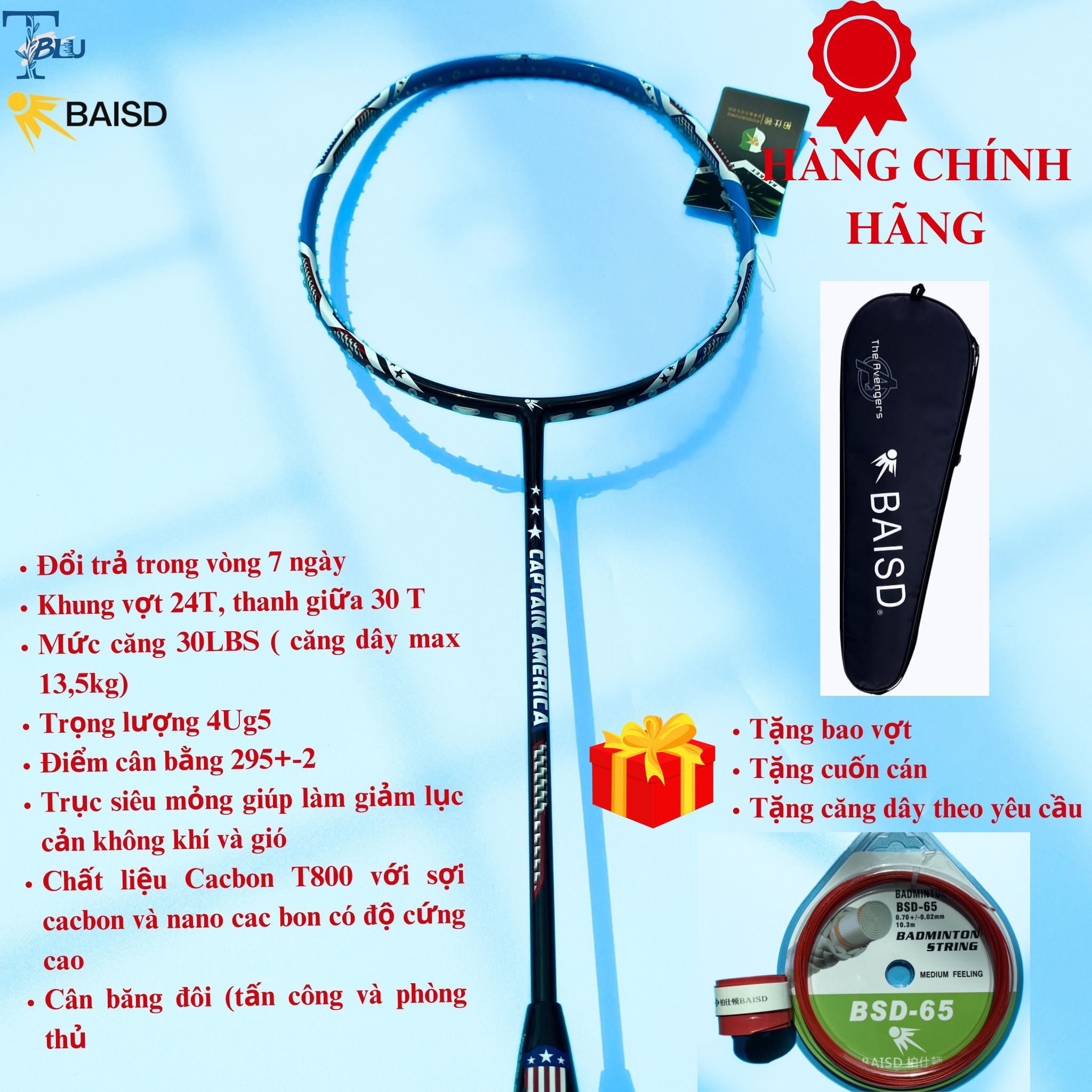 Vợt cầu lông baisd caption america 4ug5 - the advenger, carbon t800, tặng cuốn cán và căng dây