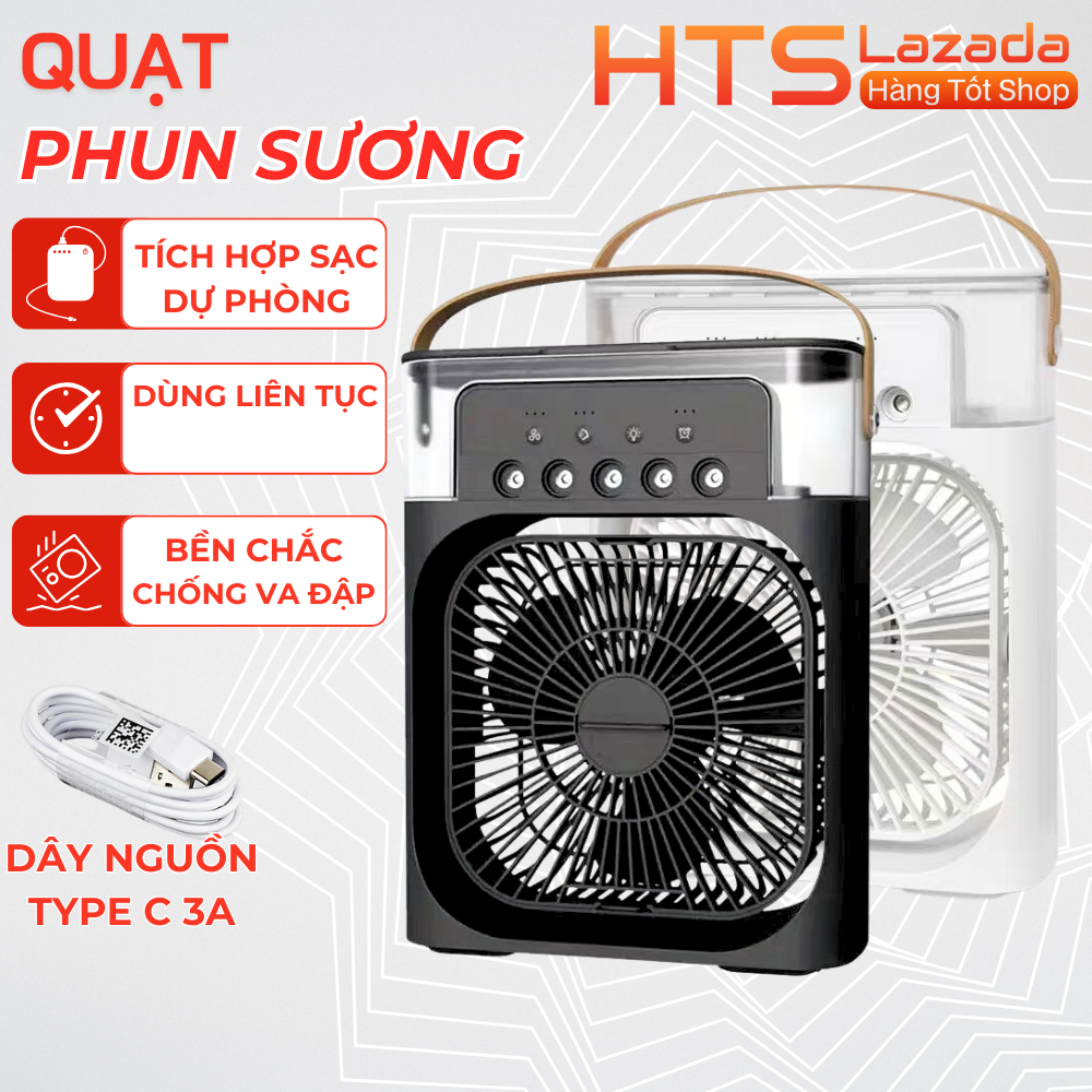 Quạt Điều Hòa Phun Sương Hơi Nước 600ML, Quạt Phun Sương Làm Mát Bằng Hơi Nước Với 5 Vòi Phun Sương Kết Hợp Đèn Led Ngủ Sử Dụng Cổng Sạc USB Tiện Dụng