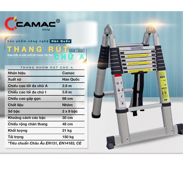 Thang rút đôi 2.8 +2.8chữ A dài duỗi thẳng 5m6 busan Hàn Quốc nhôm CO8030 bảo hành 2 Quốc Tế 2 năm