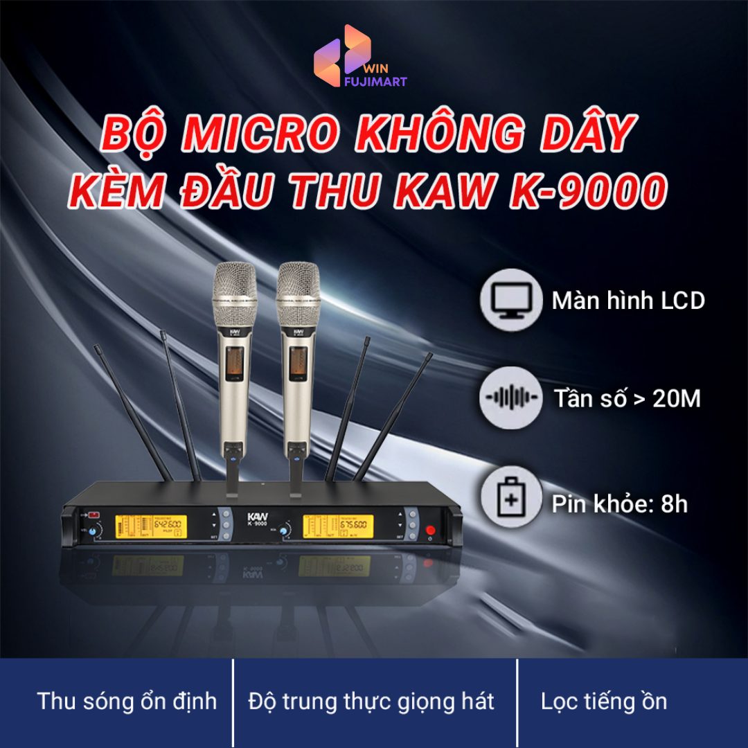 Bộ Micro Không Dây Kèm Đầu Thu KAWK9000 Công Nghệ Âm Thanh Chân Thực Màn Hình LED Chống Trượt Bảo hành 1 đổi 1