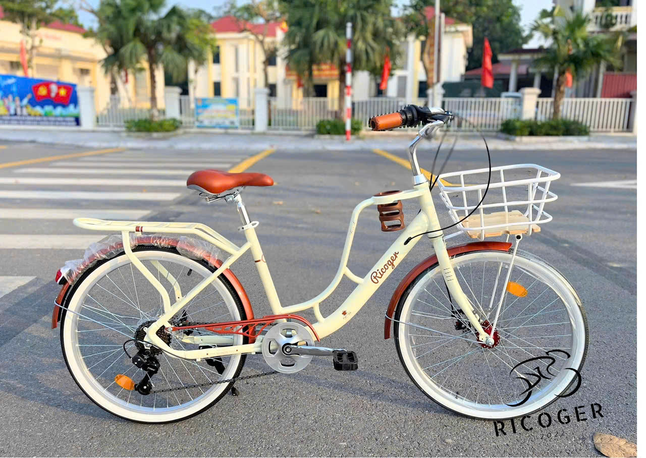 xe đạp mini nữ có giá để bình nước ricogen cao cấp, có bộ trượt 7 cấp phanh đĩa
