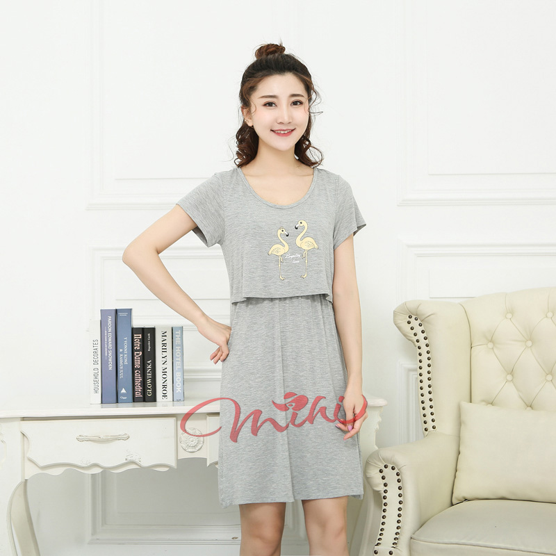 Váy / Đầm ngủ bầu, váy / đầm ngủ cho con bú (Hạc 2 màu hồng/ghi)
