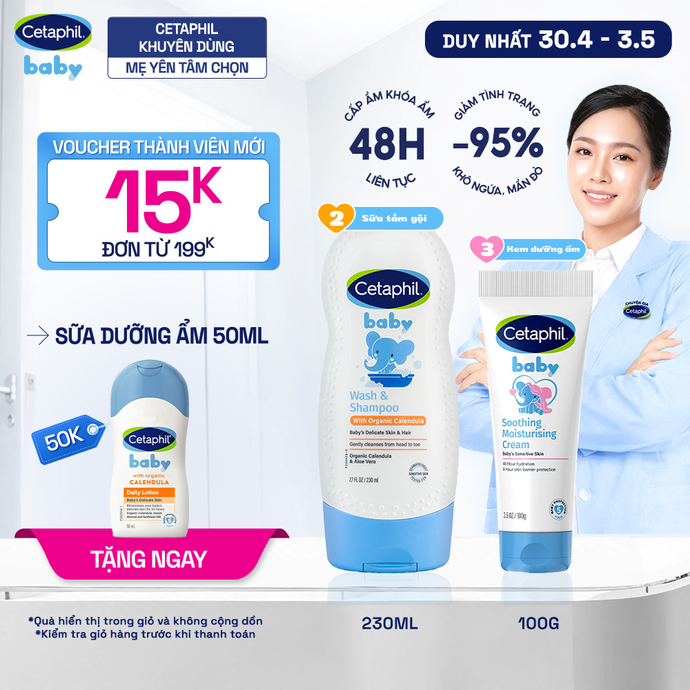Combo 2 bước Sữa tắm gội với Calendula hoa cúc hữu cơ 230ml + Kem dưỡng ẩm làm dịu đa năng Cetaphil Baby 100Gr