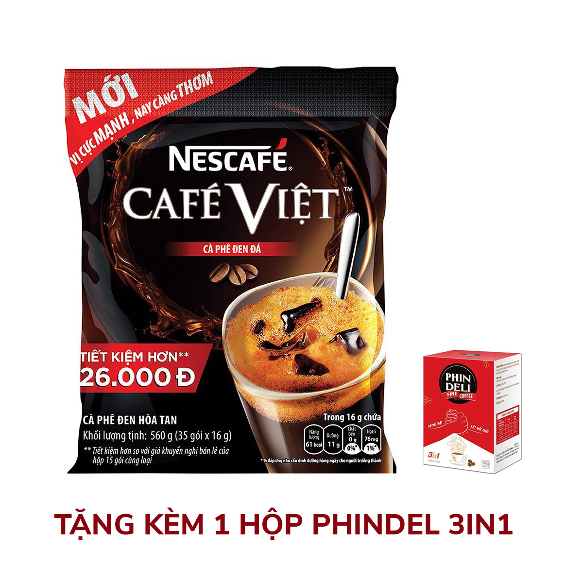 Cà phê hoà tan Nestle, cà phê việt, cà phê đen đá, bịch 35 gói, mua 1 tặng một hộp Cà Phê Phindeli 3in1
