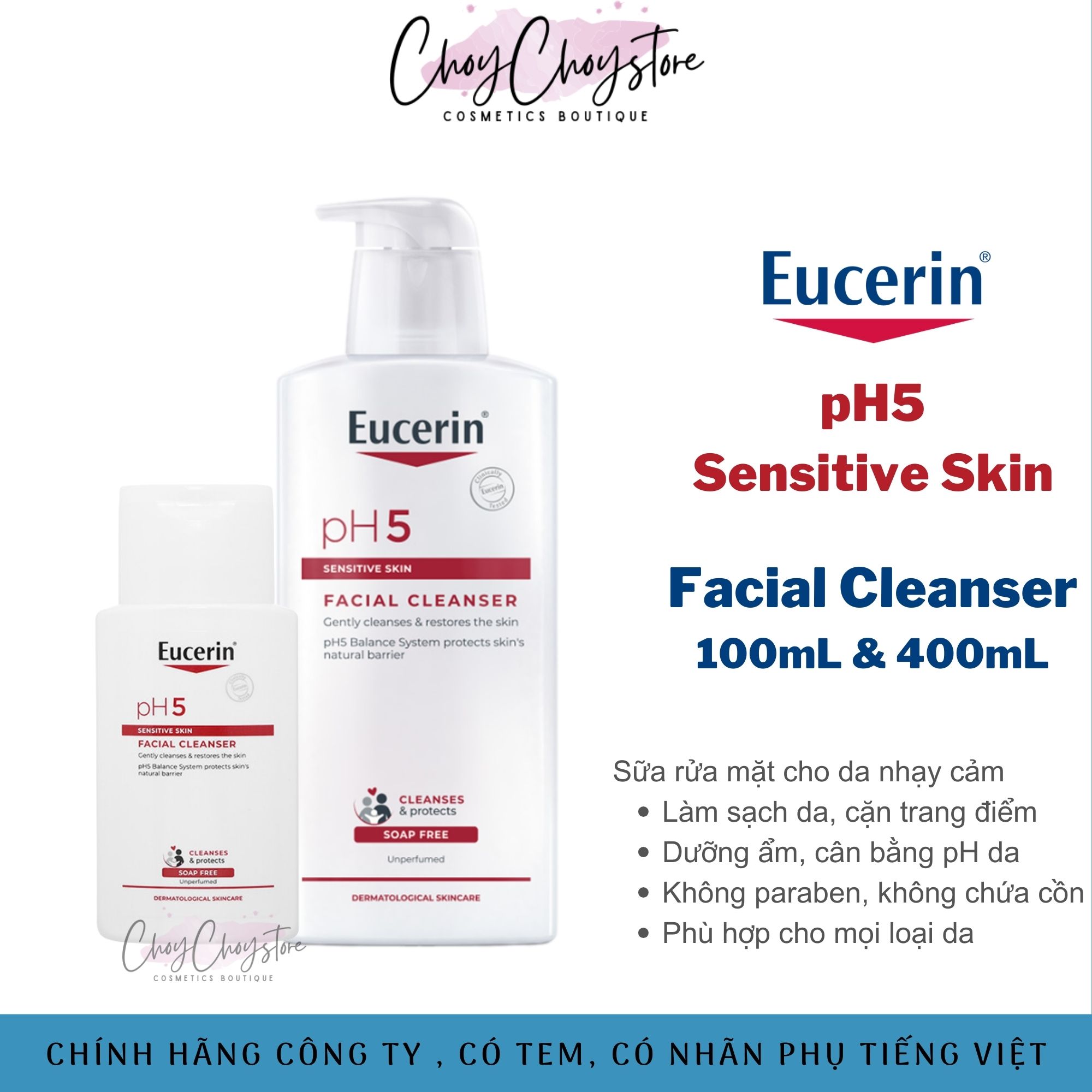 Sữa Rửa Mặt Eucerin Facial Cleanser 100mL & 400mL Cho Da Nhạy Cảm