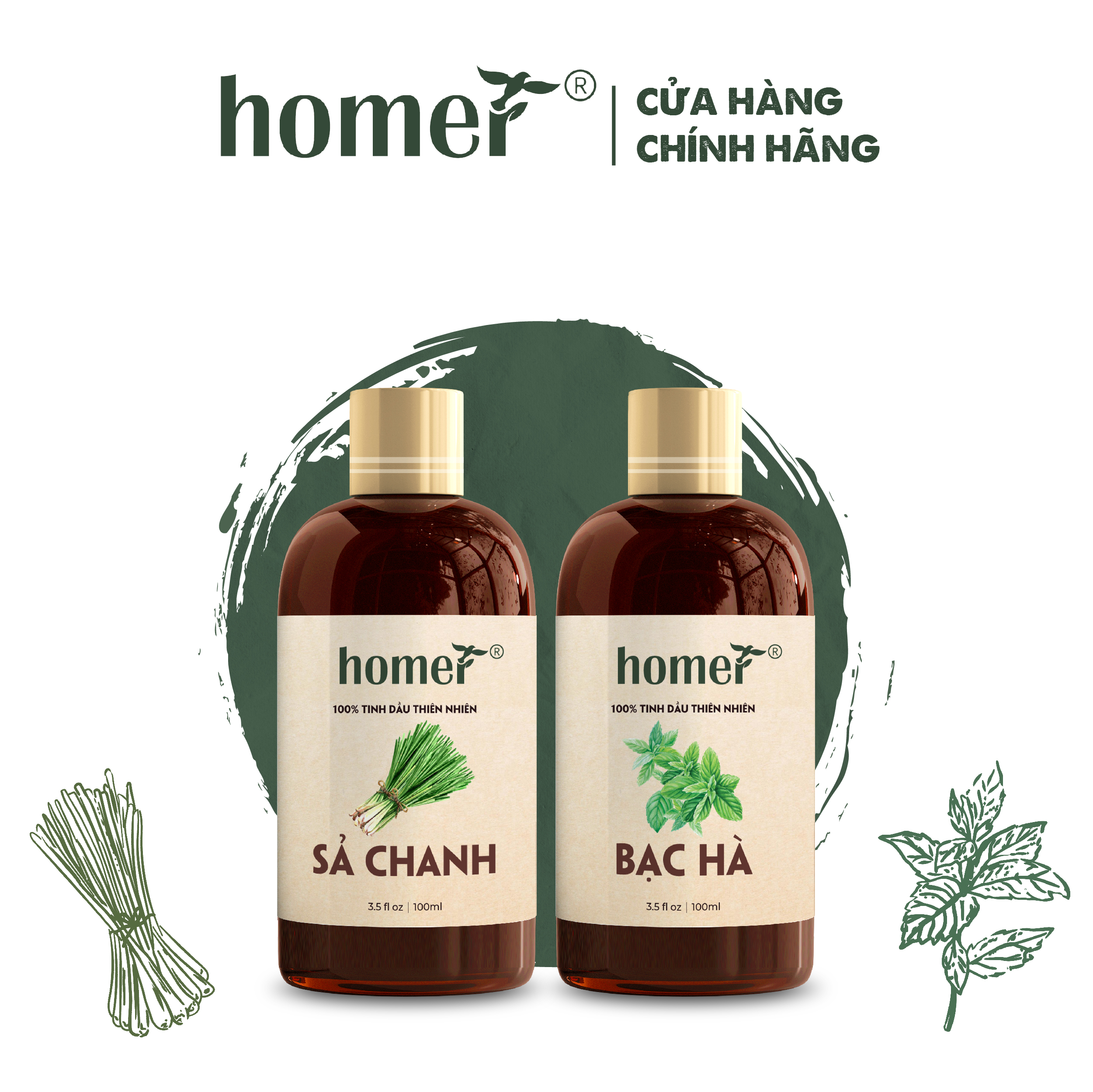 [Combo bán chạy] Combo 2 tinh dầu Sả chanh và tinh dầu Bạc hà Homer 20ml/ 100ml - Tinh dầu thơm phòng, đuỗi muỗi, khử mùi hiệu quả