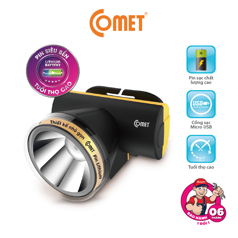 Đèn pin đội đầu Comet - CRT1613 Sử dụng pin Lithium, thiết kế đẹp, có 2 chế độ chiếu sáng: Cốt và pha - Hàng Chính Hãng