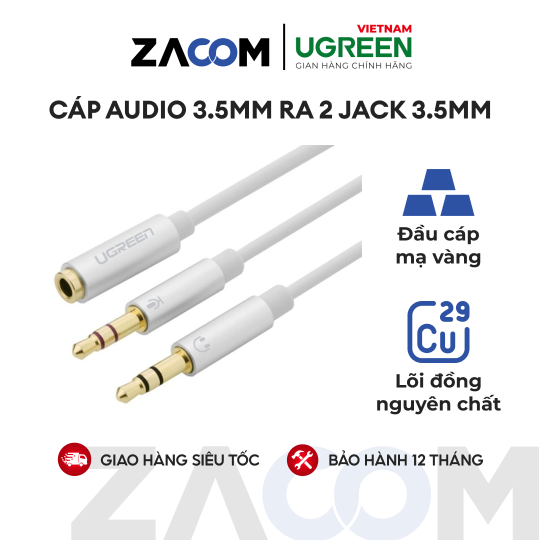 [HCM] Dây Audio chuyển tai nghe 3.5mm sang 2 đầu Mic và Tai nghe dài 20CM Chất Liệu Nhôm UGREEN AV140 - Hàng phân phối chính hãng
