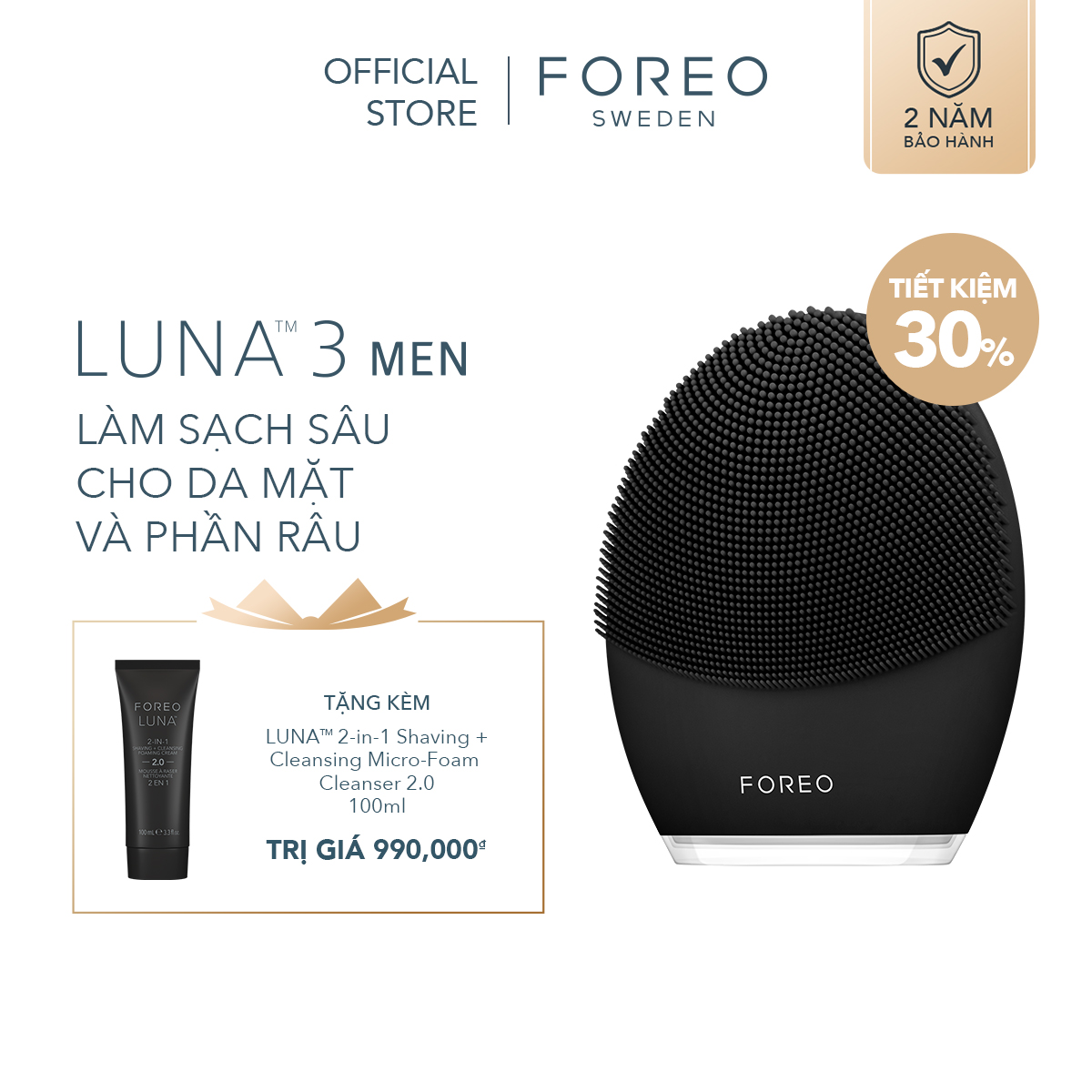 Máy rửa mặt FOREO LUNA 3 MEN dành cho nam giới bảo hành 2 năm - intl