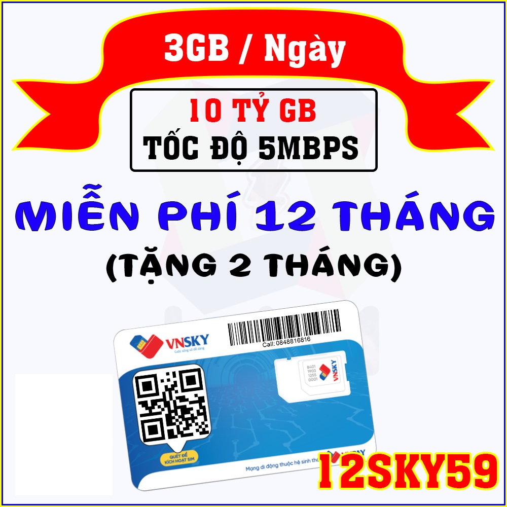 [ 1 TỶ GB ] Sim 4G Mobifone VnSky 12Sky59 Tặng 3GB/ NGÀY, FREE 14 THÁNG, Data thoải mái xem phim, yo