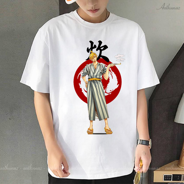 Áo thun tay lỡ ( lửng ) màu trắng in hình One Piece Sanji đẹp - Cotton Thái L2307