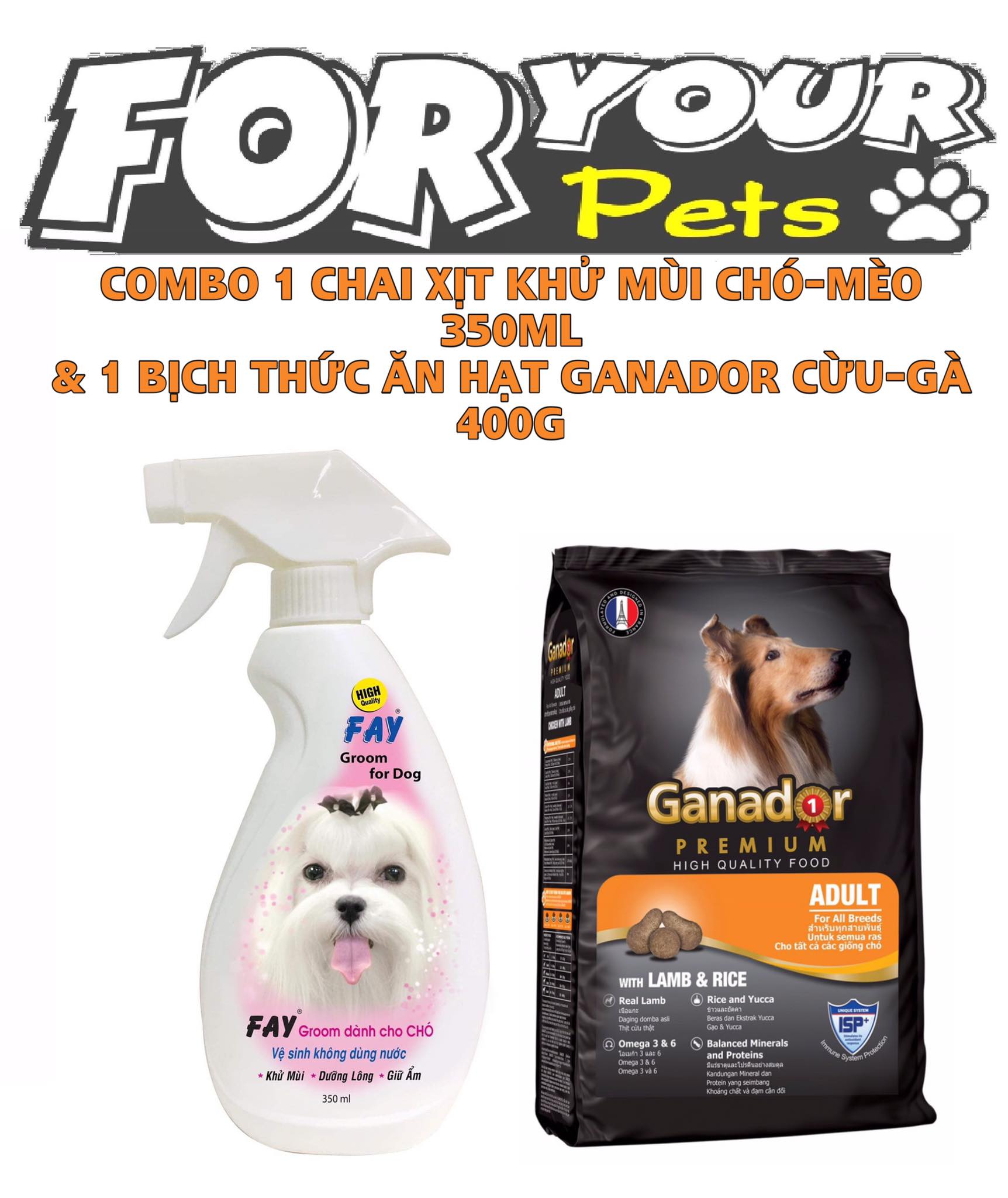COMBO 1 CHAI XỊT TẮM KHÔ KHỬ MÙI FAY CHO CHÓ-MÈO 350ML & 1 BỊCH THỨC ĂN HẠT GANADOR CỪU-GÀ 400G