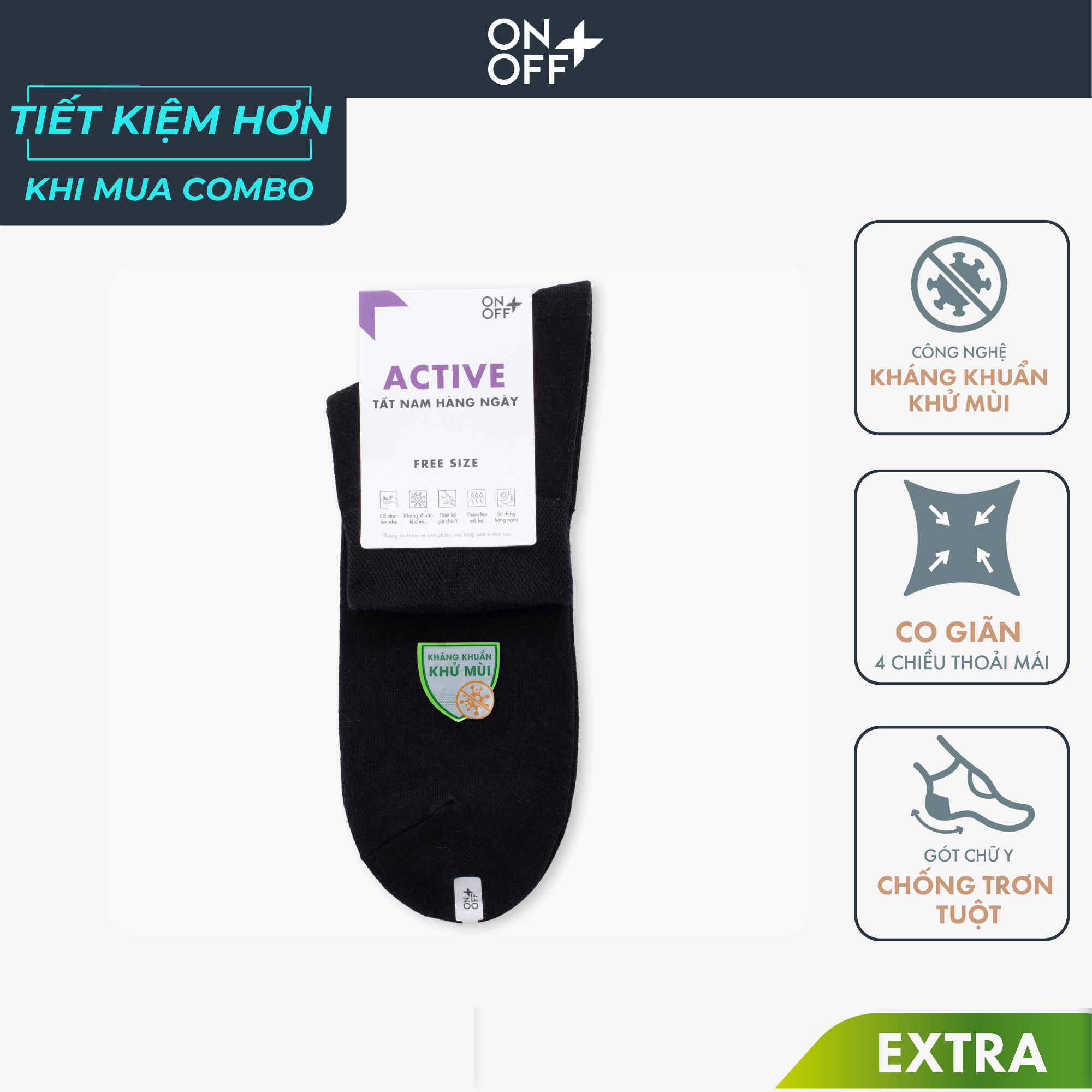  Tất nam cổ ngắn casual 24h cotton ONOFF Extra công nghệ ultra Kháng khuẩn khử mùi  - 18AE24A155 