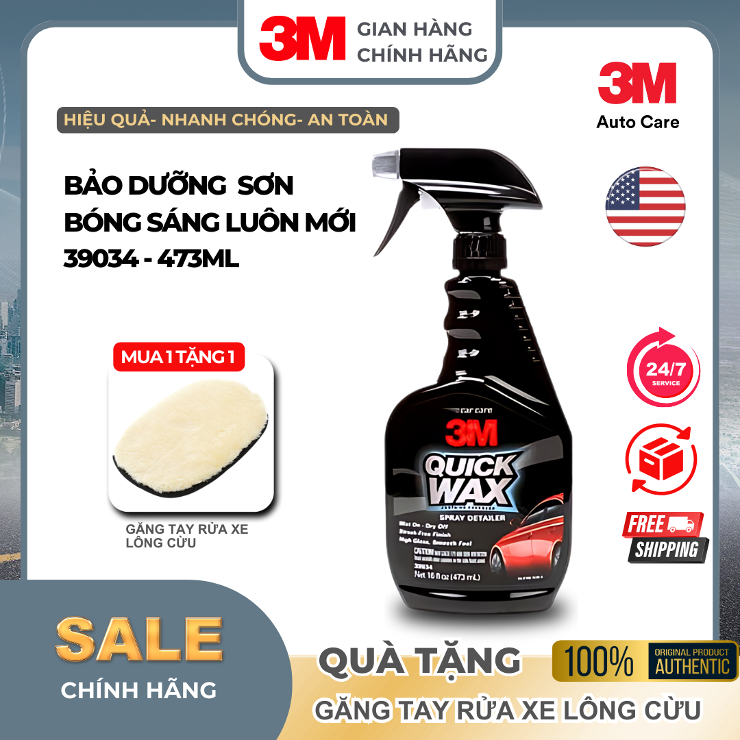 [ Tặng Găng tay lông cừu] Chai xịt phủ dưỡng làm sạch và tạo bóng nhanh cho bề mặt sơn ôtô  xe ô tô và xe máy  3M™ 39034 -  473ml  NK Mỹ