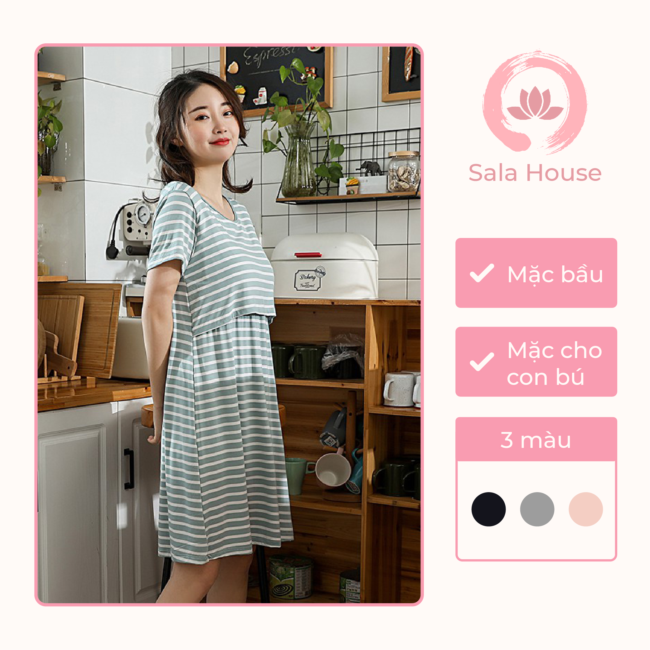 Váy Cho Con Bú - Đầm Bầu Thun Mặc Nhà Kèm Lót Ngực SalaHouse vải Modal Mềm Mịn Co Giãn cho mẹ bầu và sau sinh - VB01