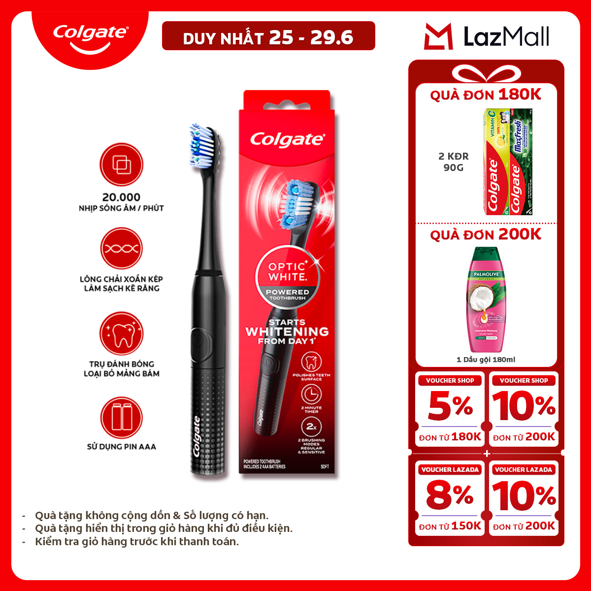 [Chỉ 25-29.6_X2 Voucher giảm đến 20%] Bàn chải điện Colgate Optic White dùng pin, cho răng trắng sáng với công nghệ sóng âm