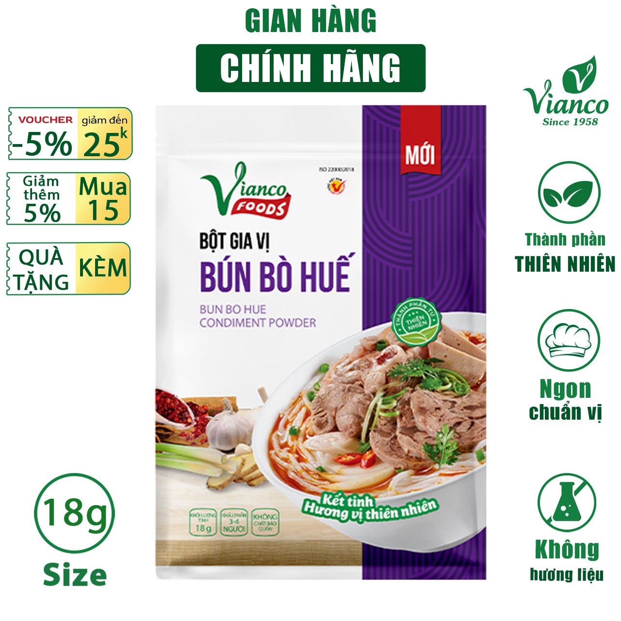 Gia vị nấu Bún Bò Huế Vianco gói 18g gia vị nêm sẵn chuẩn vị không cần nêm nếm - Gia vị  Việt Ấn