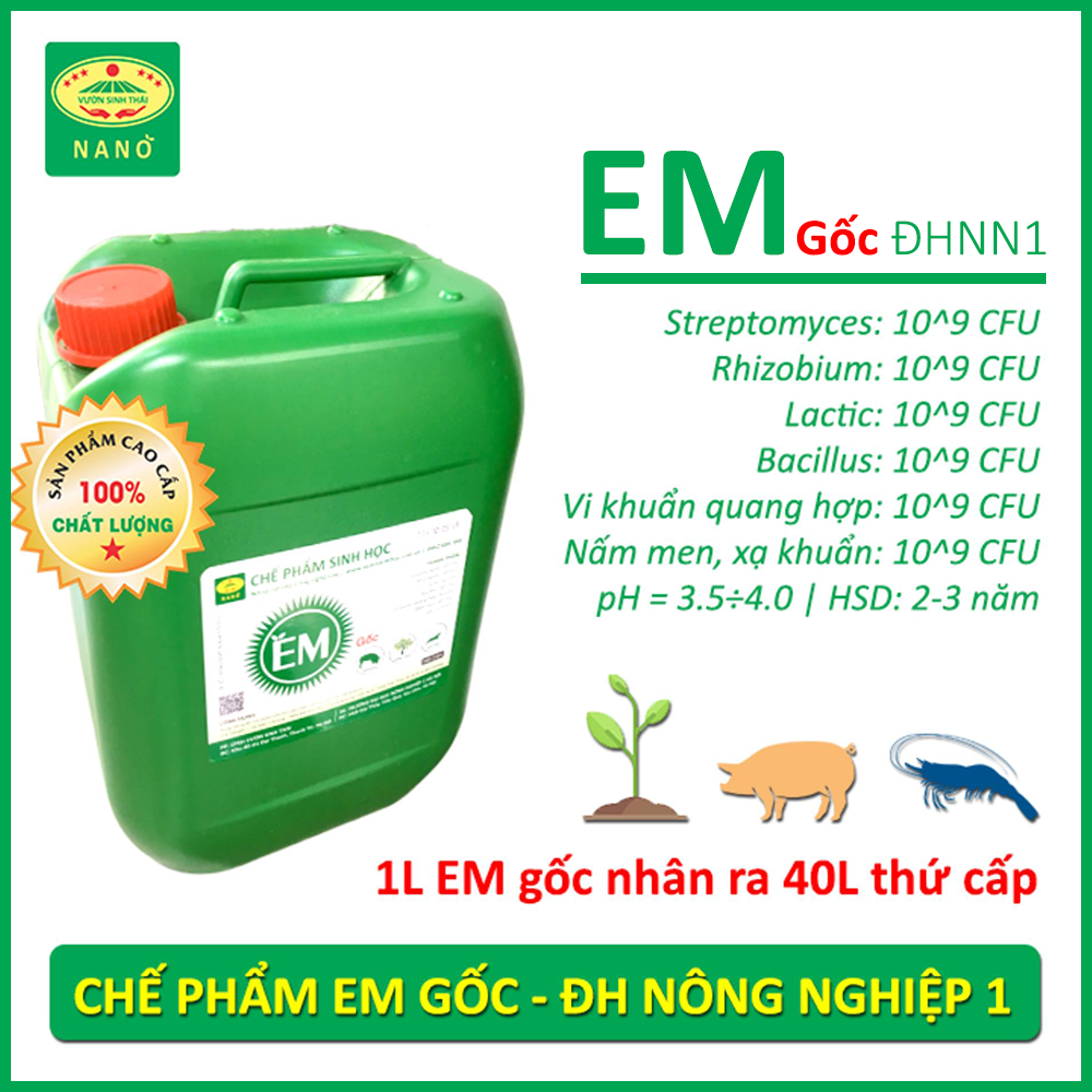 Chế phẩm EM gốc. Men Vi Sinh chuẩn của Đại Học Nông Nghiệp 1 Hà Nội. Từ 1 lít EM1 sản xuất ra 40 lít thứ cấp. HSD 2 năm