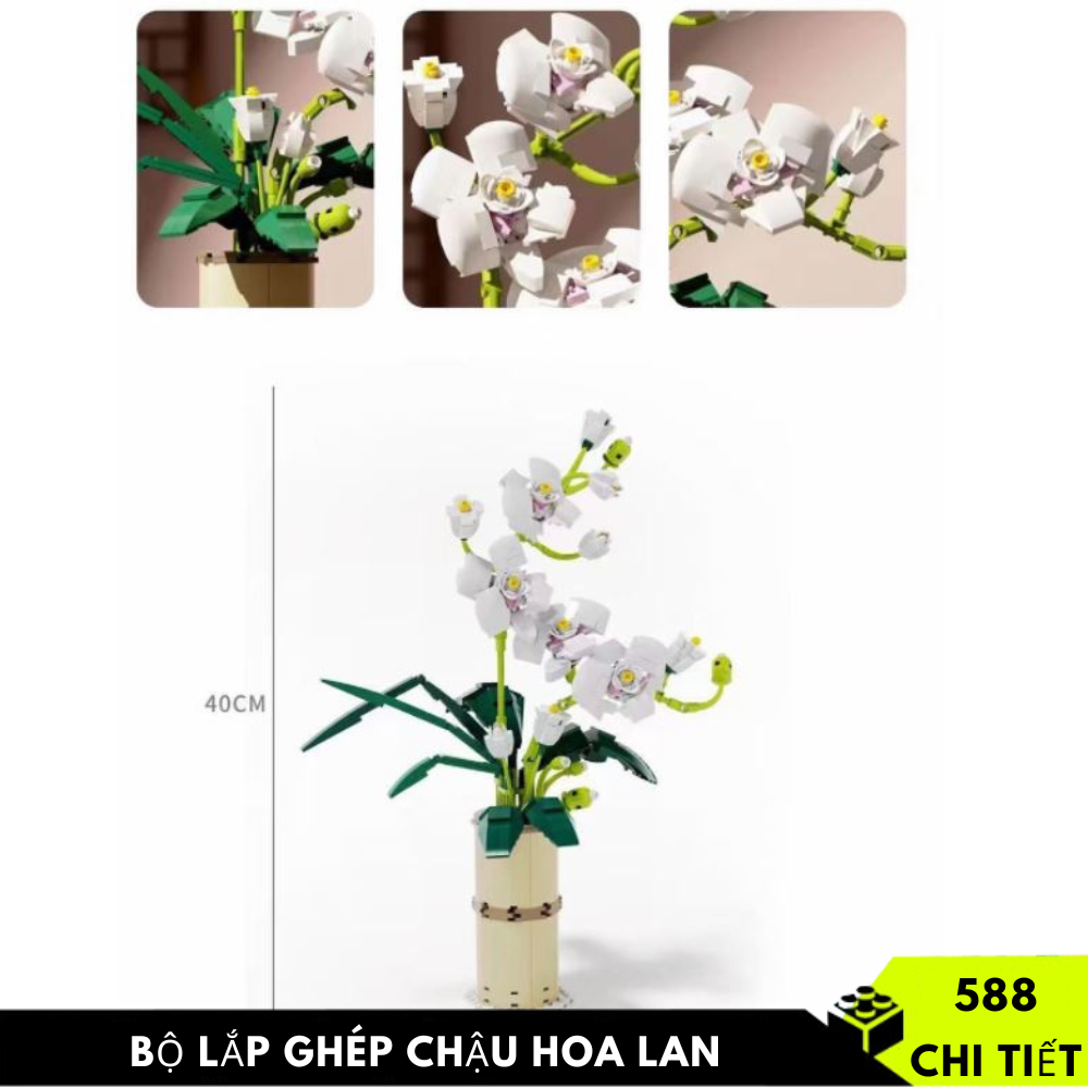 Bộ xếp hình lego hoa, lego hoa lan, lego chậu hoa phong lan hồ điệp 588 chi tiết