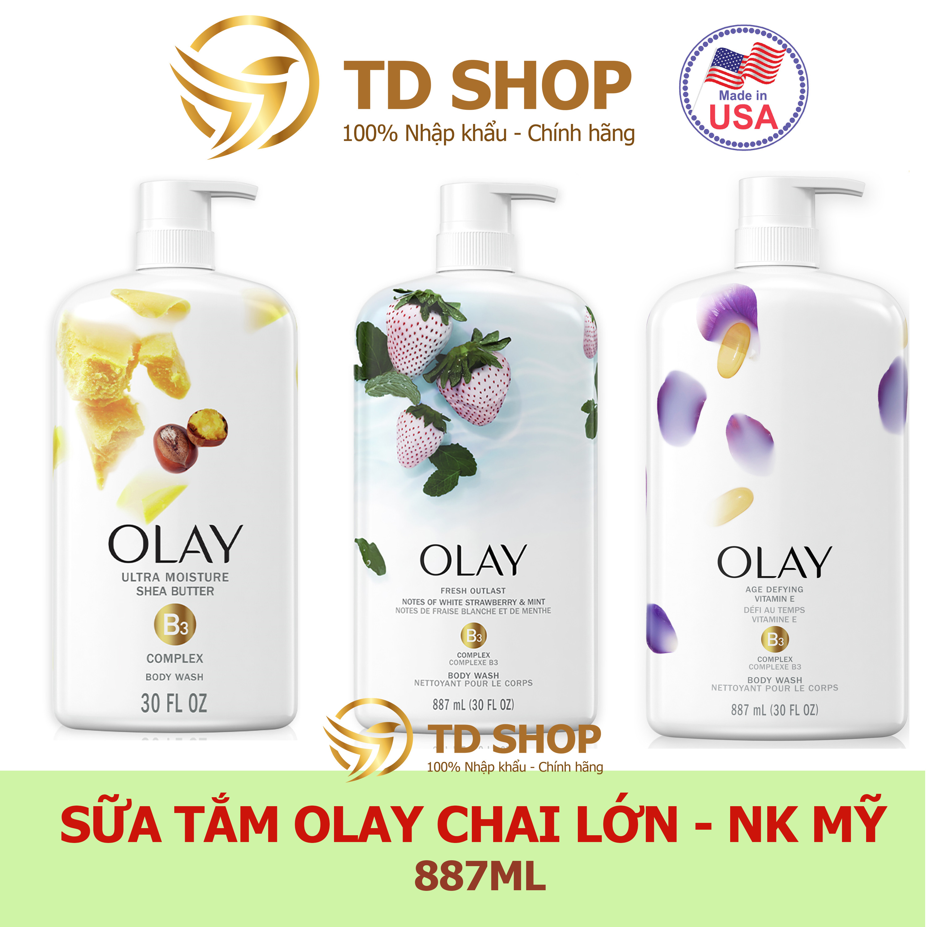 Sữa tắm olay 887ml dâu&bạc hà i bơ hạt mỡ i vitamin e - td shop