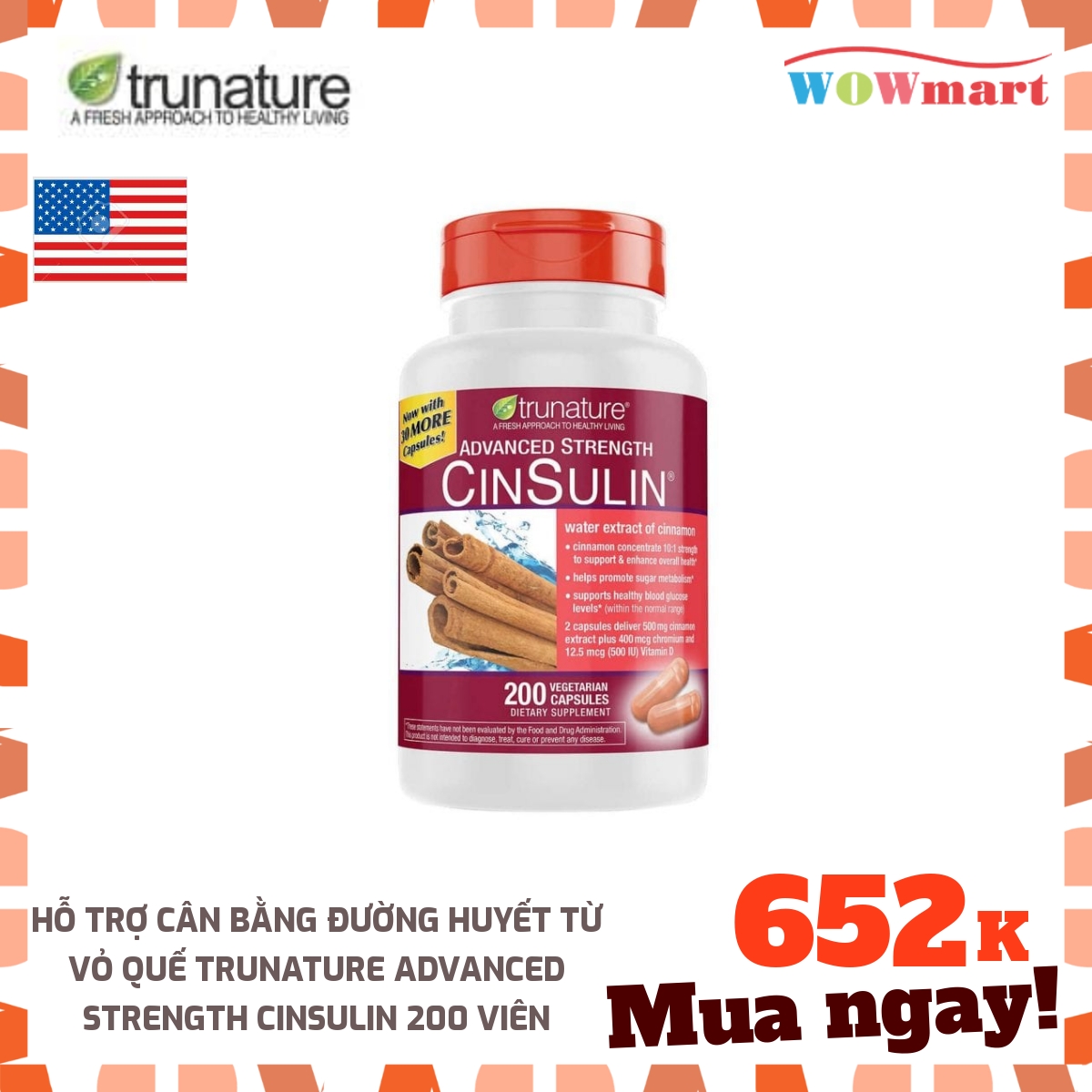 [HCM]Hỗ trợ cân bằng đường huyết từ vỏ quế trunature Advanced Strength CinSulin 200 viên - [MỸ]