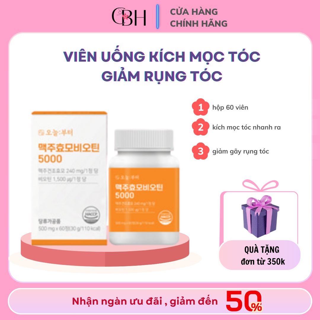 [ chuẩn Hàn] Viên Uống Kích Mọc Tóc, Giảm Rụng Tóc Biotin 5000 From Today Hàn Quốc (Hộp 60 Viên)