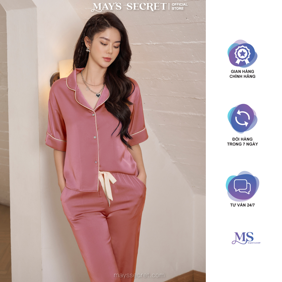 Bộ pyjamas lụa Twill Silk cộc tay quần dài hồng tro - May's Secret