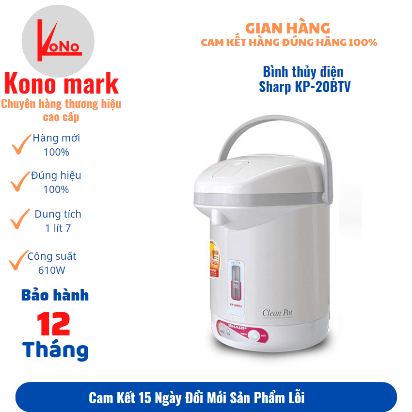 Bình thủy điện Sharp KP-20BTV-bình nấu nước 1.7 lít-610W nấu nhanh tết kiệm điện-bảo hành chính hãng 12 tháng trên toàn quốc