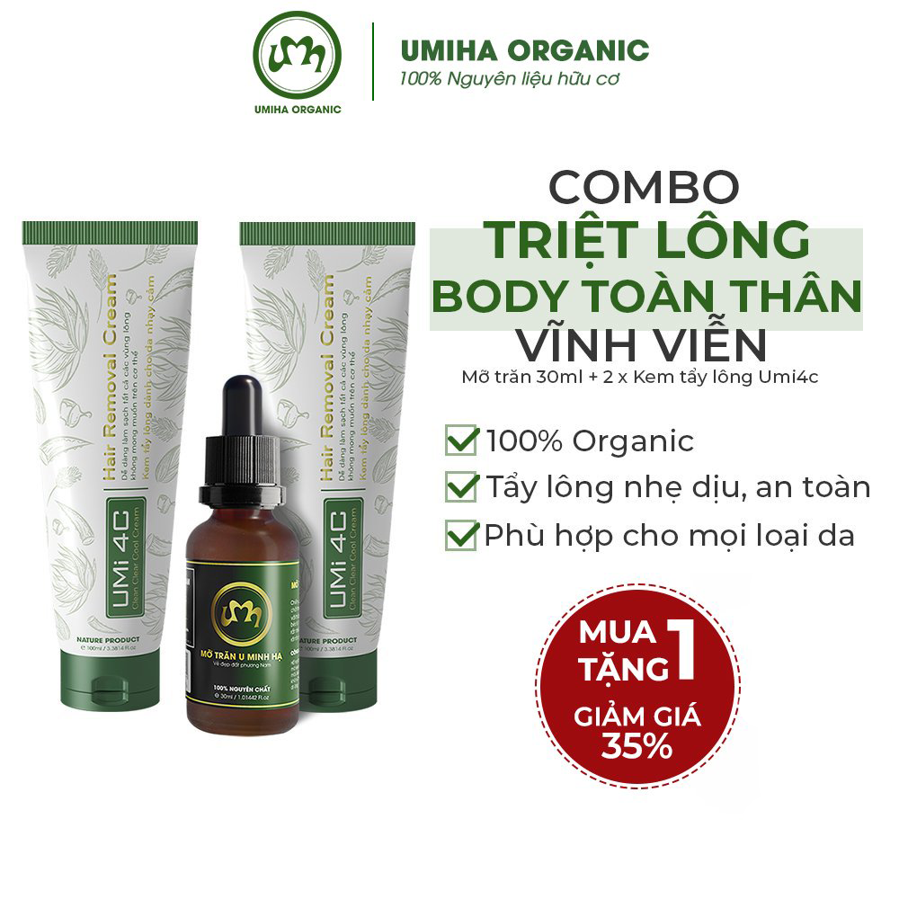 Tẩy và triệt lông Body toàn thân vĩnh viễn với Kem tẩy lông Umi 4C 100ml và Mỡ trăn U Minh Hạ 30ml an toàn hiệu quả tại nhà | Tặng kèm bột dưỡng da cám gạo hữu cơ 135g