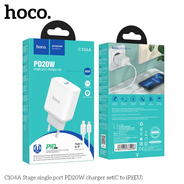 Bộ cáp sạc nhanh 20w hoco-c104a /c80plus, pd20w sạc nhanh cho ip6g-14promax bảo hành 12 tháng