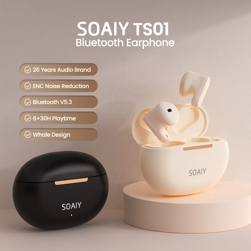 SOAIY TS01 Thiết kế cá voi Tai nghe không dây TWS Rảnh tay Bluetooth 5.3, Thời gian chơi 35H, Tai nghe chống nước IPX4, Sạc nhanh, Khử tiếng ồn ENC, Hỗ trợ micrô tích hợp Cuộc gọi chơi Game Video IOS WIN Android