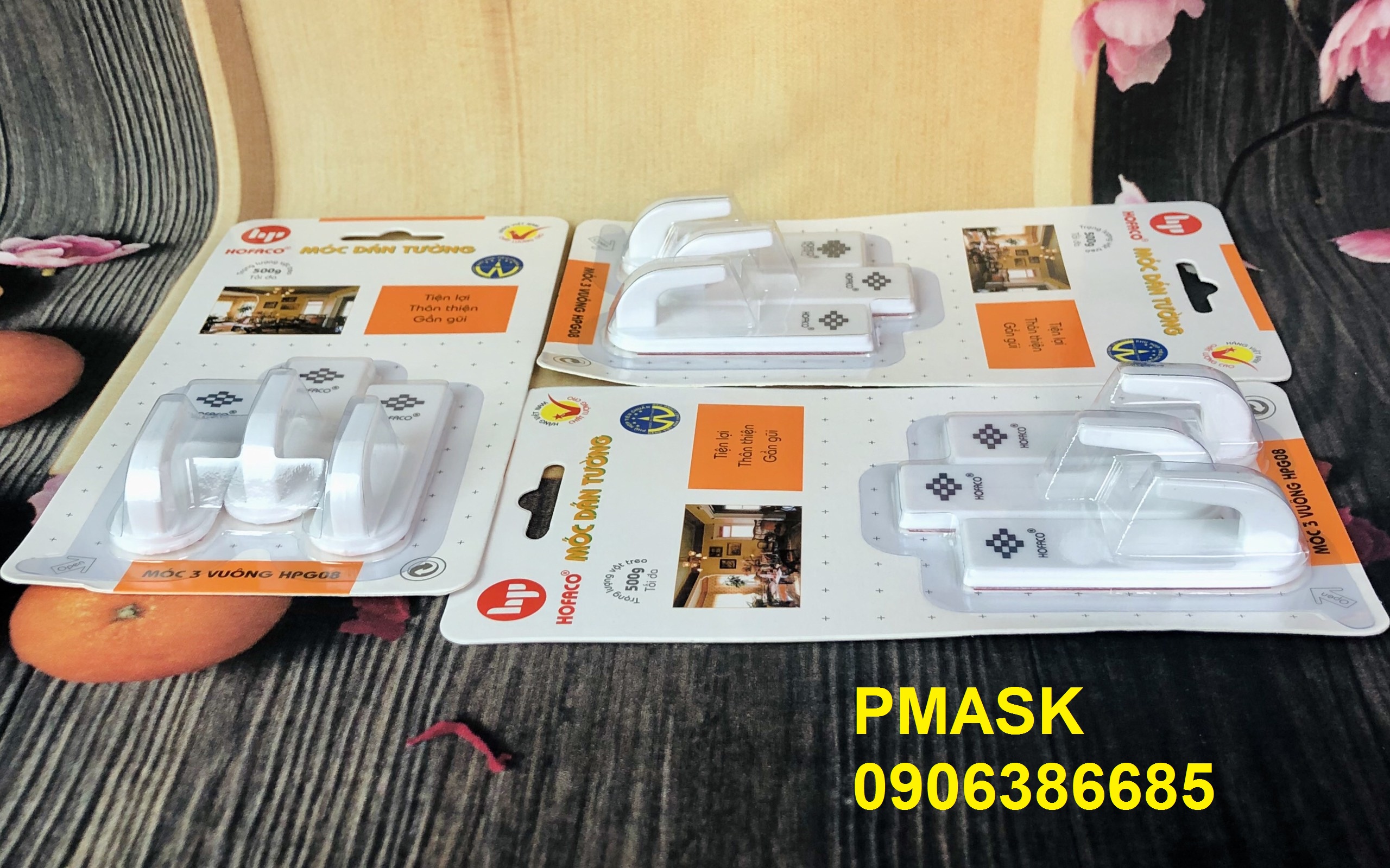 Móc 3 vuông HPG08 – Móc dán dính tường bằng nhựa Hồng Phát cao cấp – Móc dán trang trí phòng tiện lợi, dễ sử dụng