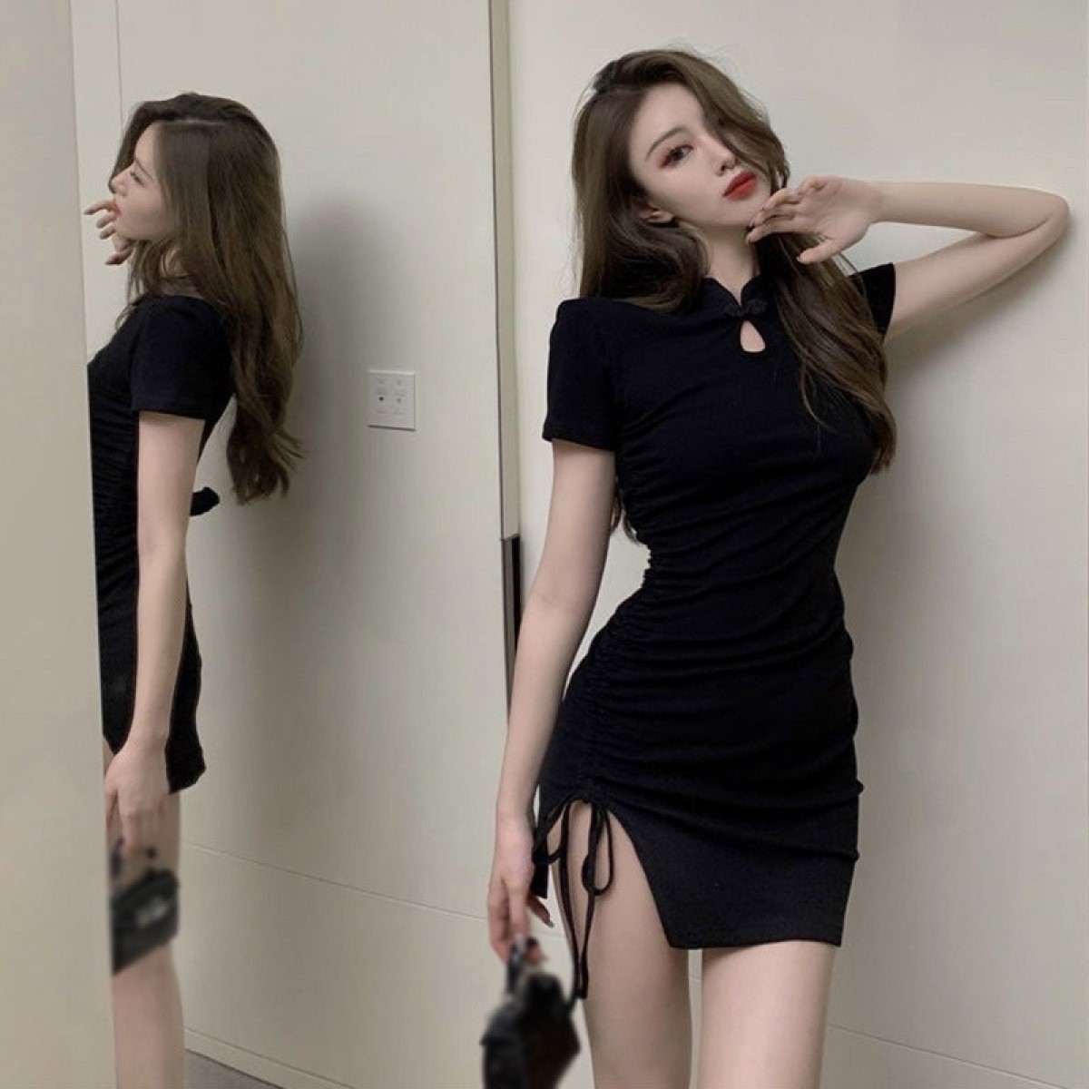 Đầm ôm body nữ kiểu cổ tàu tay ngắn xẻ đùi