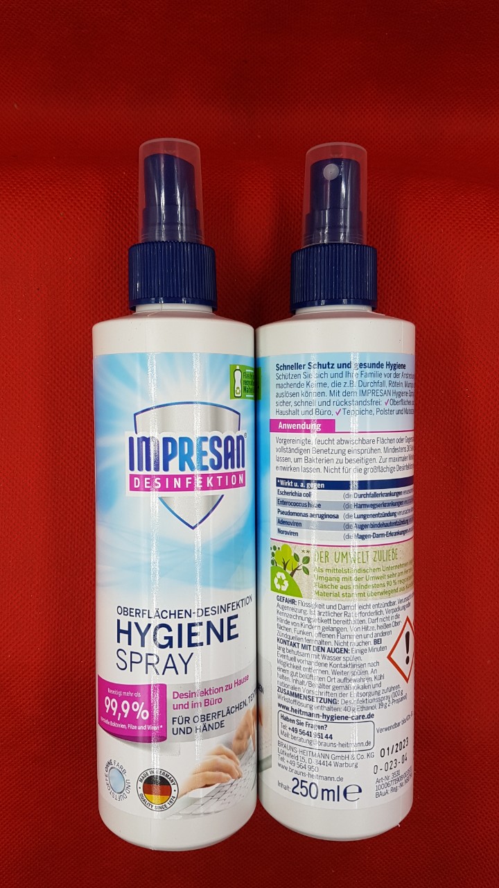 Xịt khử trùng diệt khuẩn impresan hygiene spray 250ml , xách tay đức