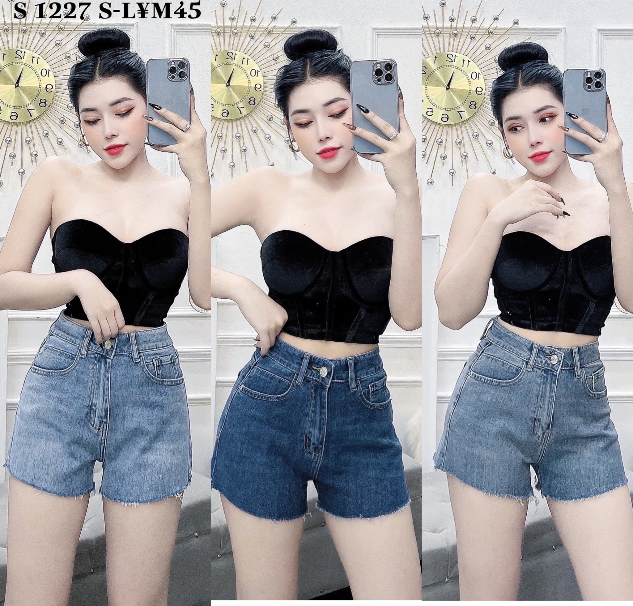 Quần Short jeans nữ lưng cao co giãn túi dập vân nổi size S M L| 1227