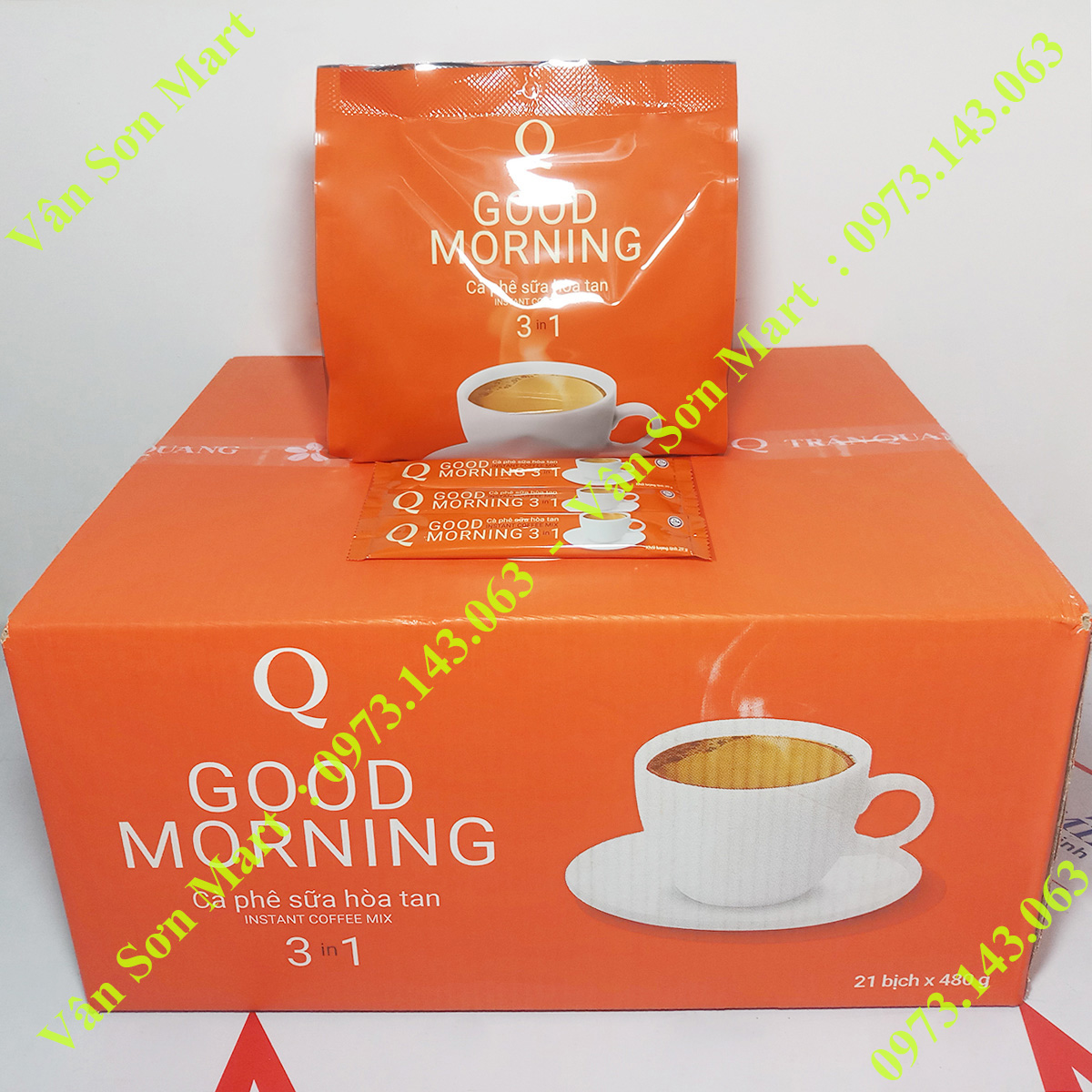 Thùng cà phê sữa Good morning Trần Quang 21 bịch 480g (mỗi bịch 24 gói dài 20g)
