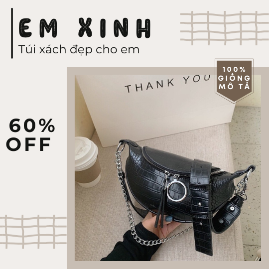 Túi xách nữ túi bao tử size 23cm đeo bụng viền xích có dây đeo chéo siêu hot hit