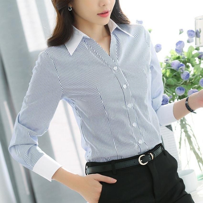 Áo Sơ Mi Nữ Ngắn Tay Phối Sọc Cổ Trắng Thời trang ELVIN FASHION Kiểu Đẹp Hàn Quốc
