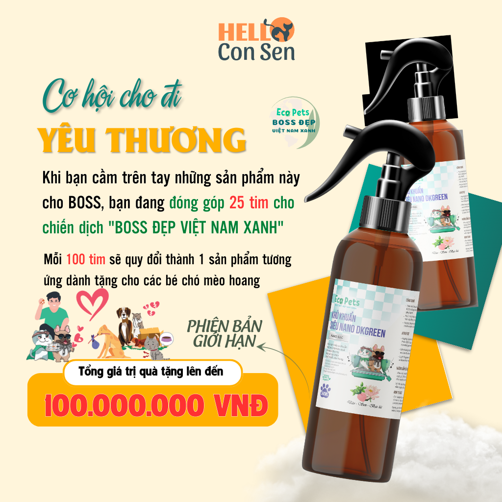 Chai xịt khử mùi hôi chó mèo, công nghệ siêu nano DKGREEN 500ml cho chó mèo