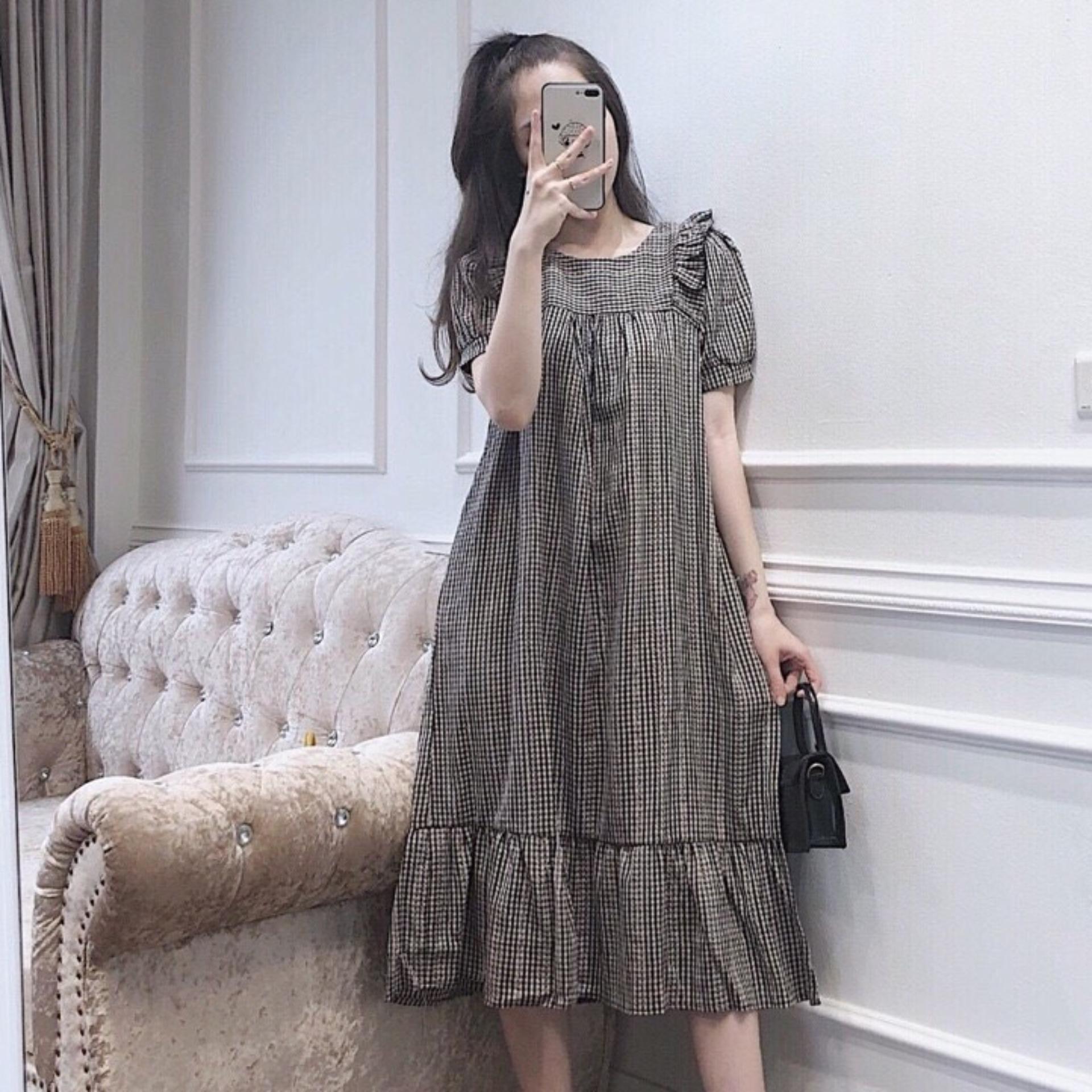 Váy bầu chấm bi cổ trắng-đầm bầu mùa hè công sở sang chảnh free size dưới 70ki m25